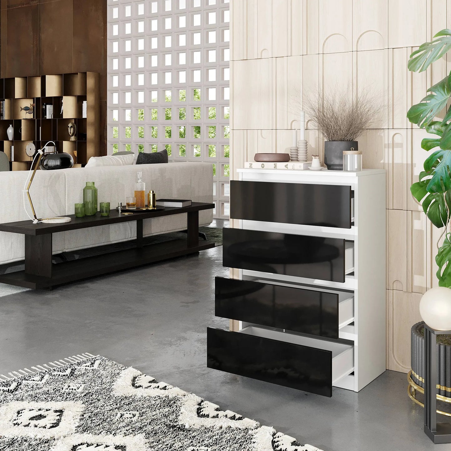 GABRIEL - Kommode / Sideboard mit 4 Schubladen - Weiß Matt / Schwarz Gloss H92cm B60cm T33cm – Furnica
