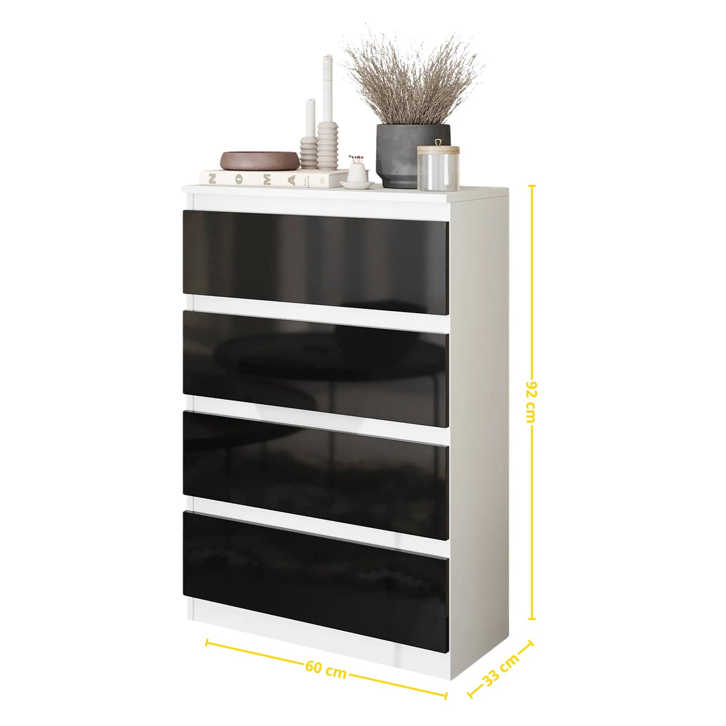 GABRIEL - Kommode / Sideboard mit 4 Schubladen - Weiß Matt / Schwarz Gloss H92cm B60cm T33cm – Furnica