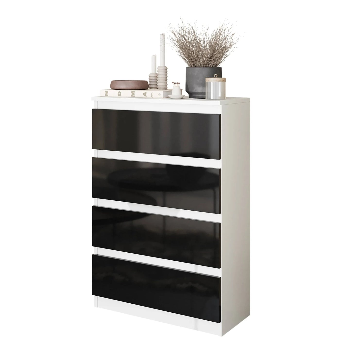 GABRIEL - Kommode / Sideboard mit 4 Schubladen - Weiß Matt / Schwarz Gloss H92cm B60cm T33cm – Furnica