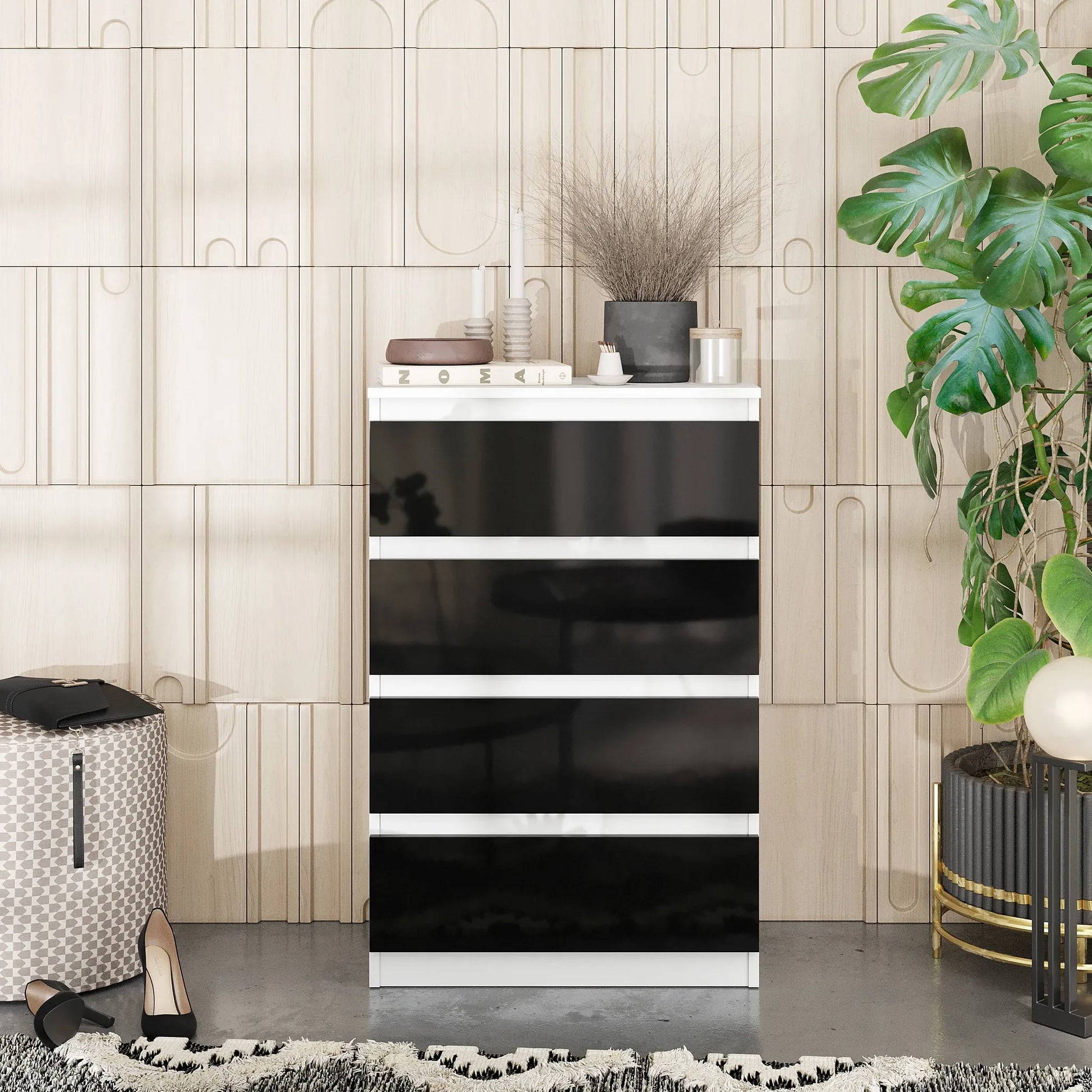 GABRIEL - Kommode / Sideboard mit 4 Schubladen - Weiß Matt / Schwarz Gloss H92cm B60cm T33cm – Furnica