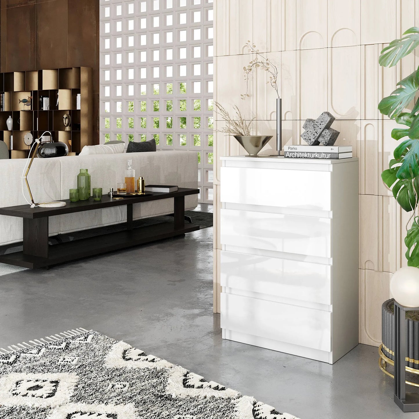 GABRIEL - Kommode / Sideboard mit 4 Schubladen - Weiß Matt / Weiß Gloss H92cm B60cm T33cm – Furnica