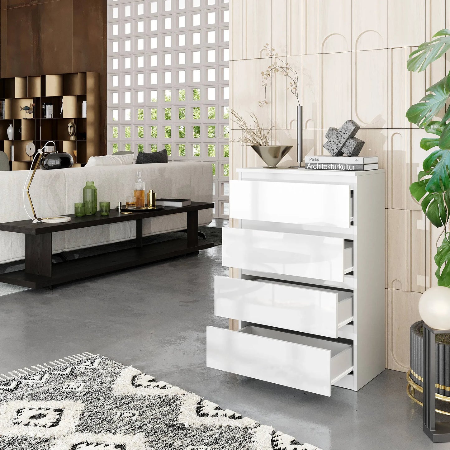 GABRIEL - Kommode / Sideboard mit 4 Schubladen - Weiß Matt / Weiß Gloss H92cm B60cm T33cm – Furnica