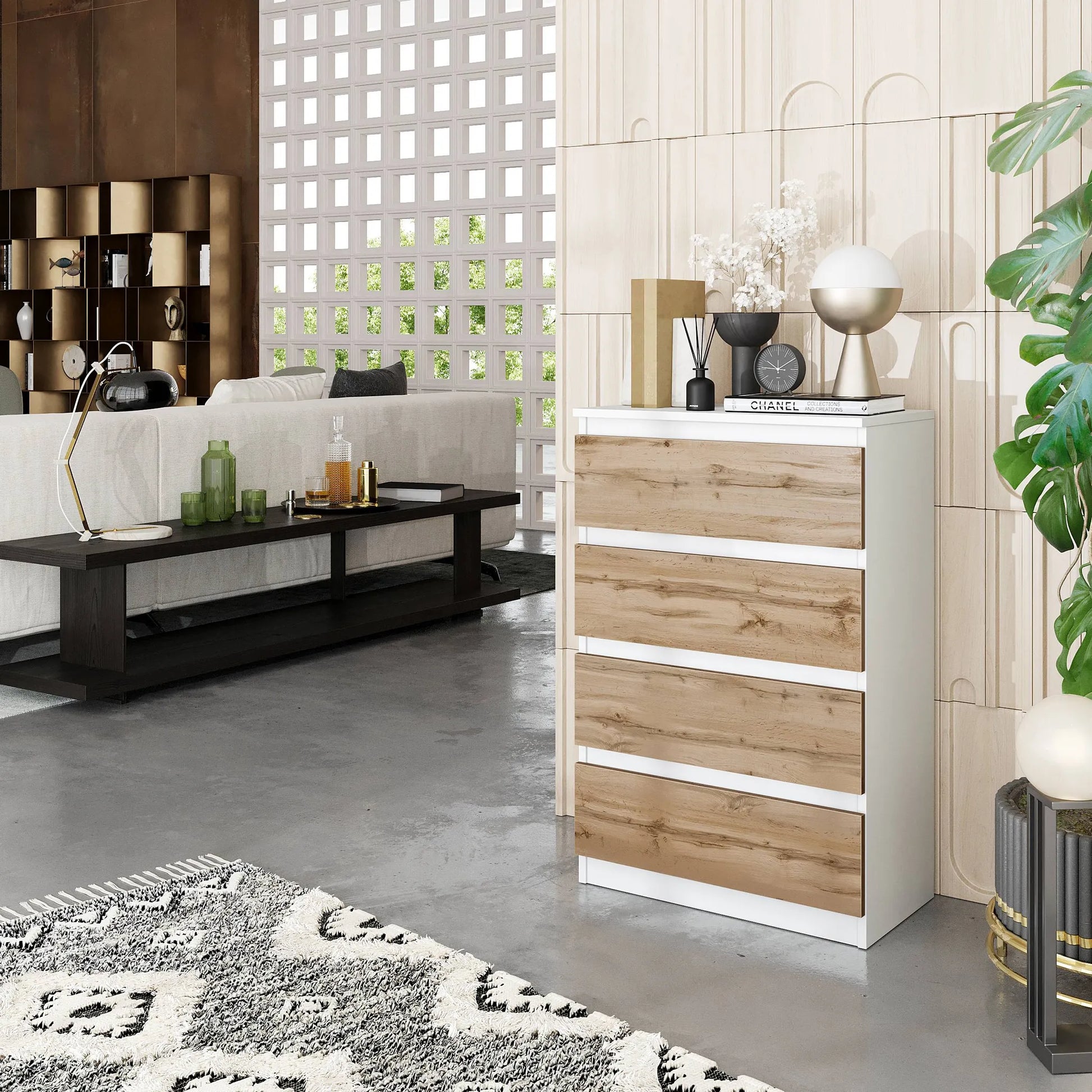 GABRIEL - Kommode / Sideboard mit 4 Schubladen - Weiß Matt / Wotan Eiche H92cm B60cm T33cm – Furnica