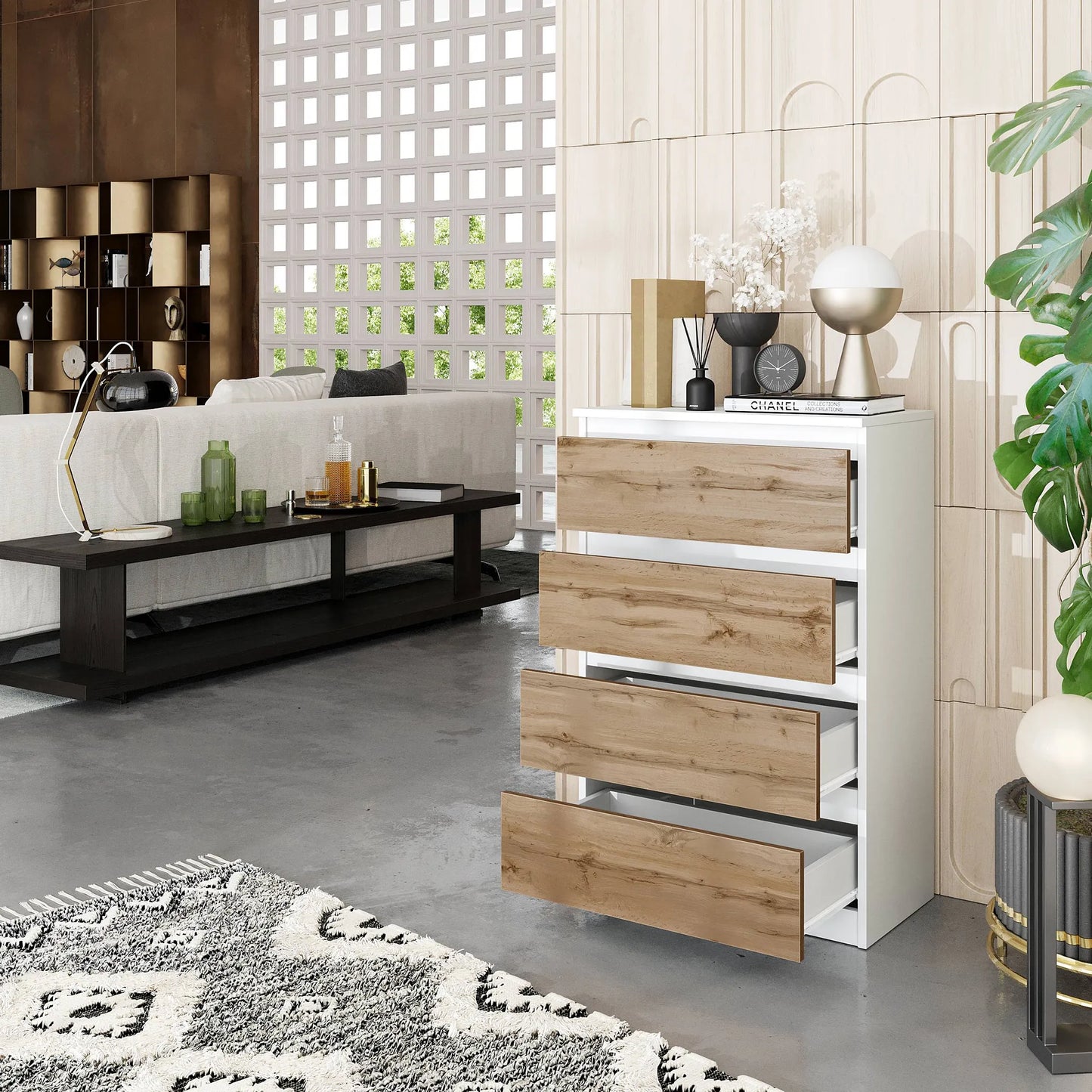 GABRIEL - Kommode / Sideboard mit 4 Schubladen - Weiß Matt / Wotan Eiche H92cm B60cm T33cm – Furnica