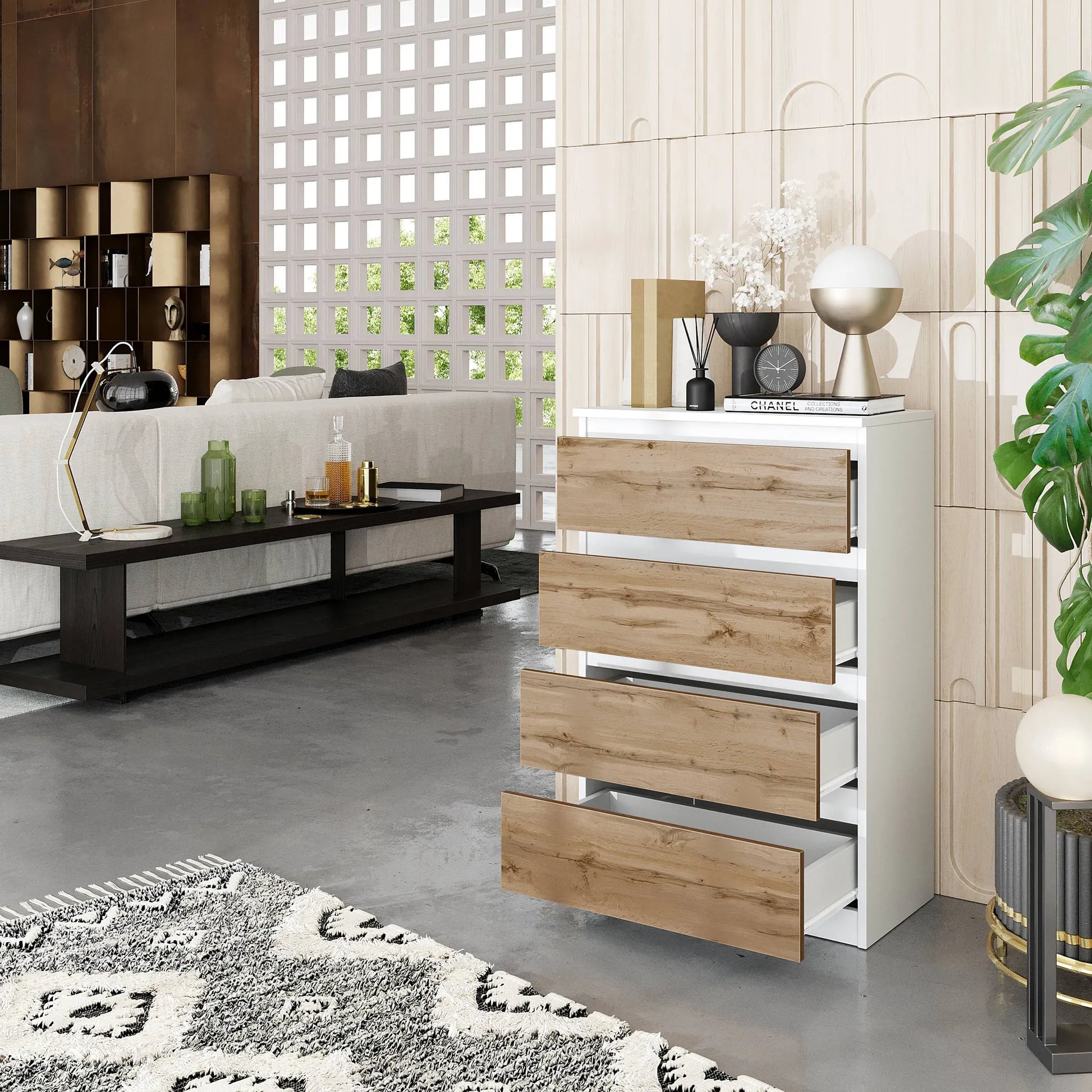 GABRIEL - Kommode / Sideboard mit 4 Schubladen - Weiß Matt / Wotan Eiche H92cm B60cm T33cm – Furnica