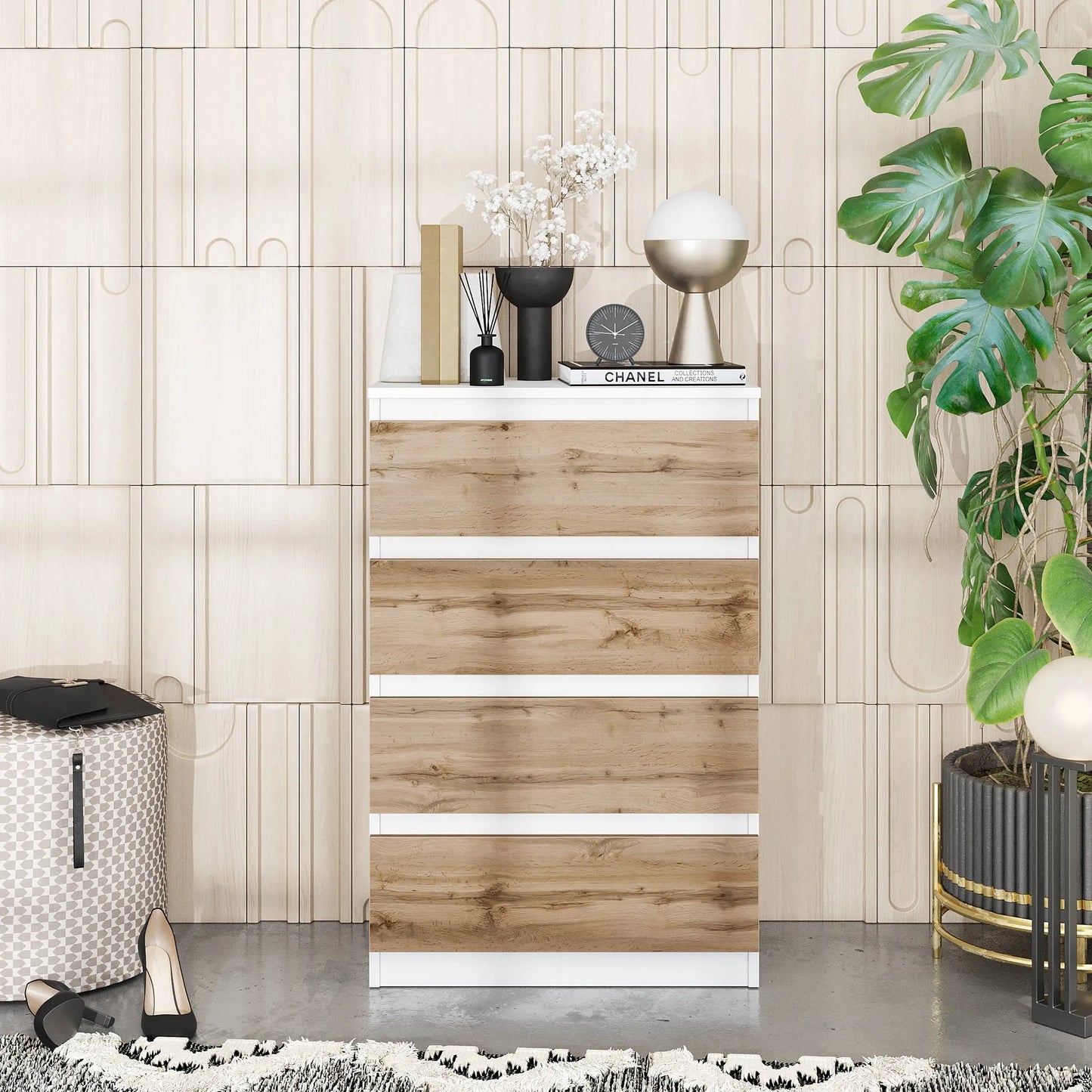 GABRIEL - Kommode / Sideboard mit 4 Schubladen - Weiß Matt / Wotan Eiche H92cm B60cm T33cm – Furnica