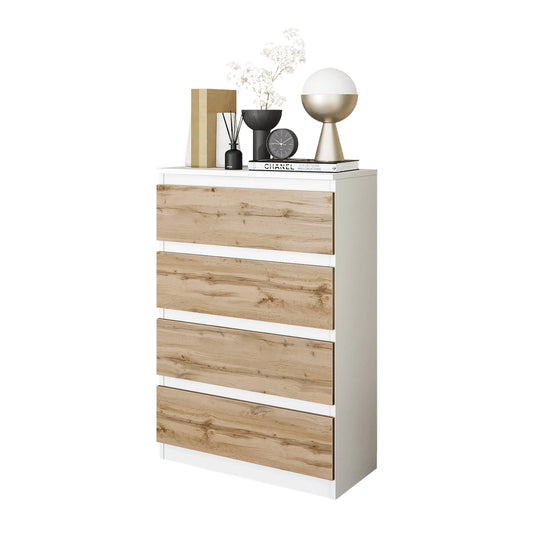 GABRIEL - Kommode / Sideboard mit 4 Schubladen - Weiß Matt / Wotan Eiche H92cm B60cm T33cm – Furnica