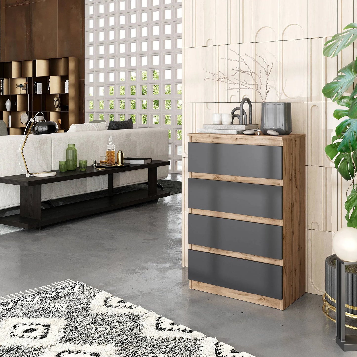 GABRIEL - Kommode / Sideboard mit 4 Schubladen - Wotan Eiche / Anthrazit H92cm B60cm T33cm – Furnica