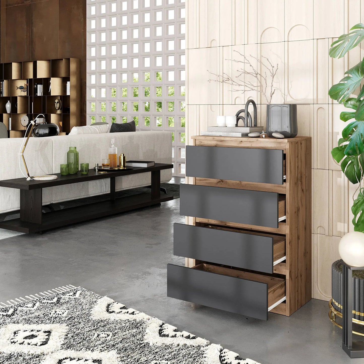 GABRIEL - Kommode / Sideboard mit 4 Schubladen - Wotan Eiche / Anthrazit H92cm B60cm T33cm – Furnica