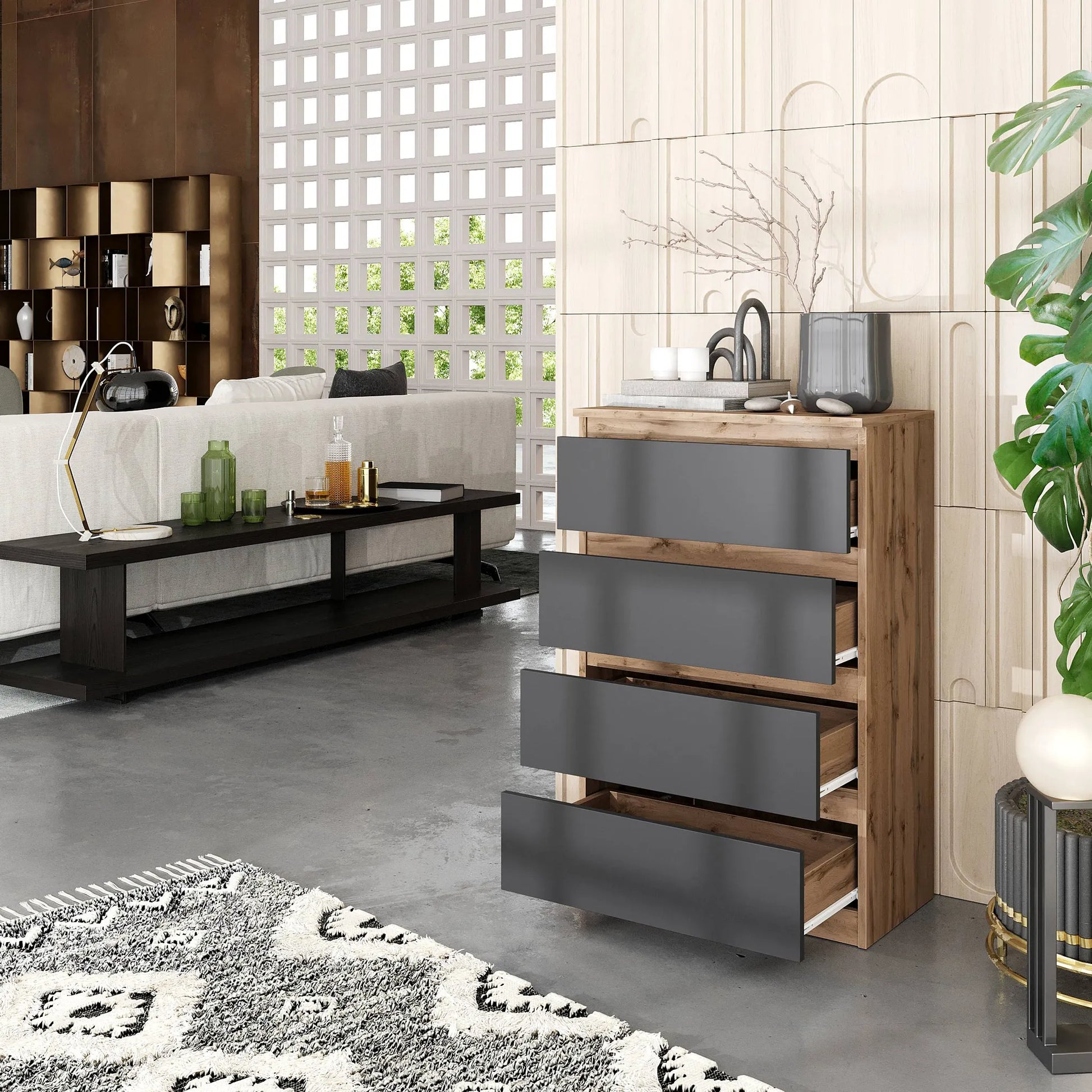 GABRIEL - Kommode / Sideboard mit 4 Schubladen - Wotan Eiche / Anthrazit H92cm B60cm T33cm – Furnica