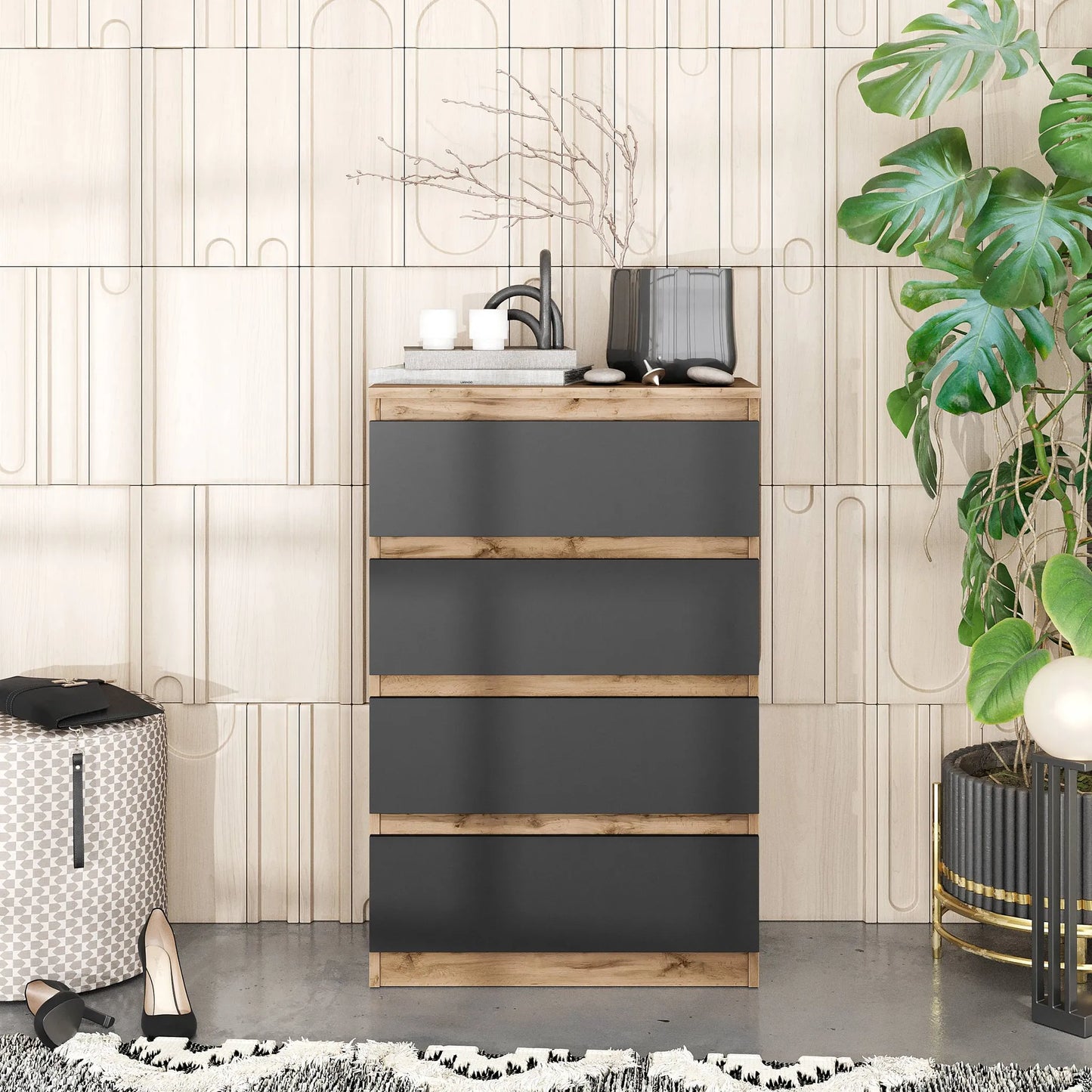 GABRIEL - Kommode / Sideboard mit 4 Schubladen - Wotan Eiche / Anthrazit H92cm B60cm T33cm – Furnica