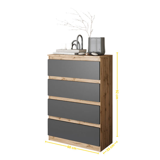 GABRIEL - Kommode / Sideboard mit 4 Schubladen - Wotan Eiche / Anthrazit H92cm B60cm T33cm – Furnica