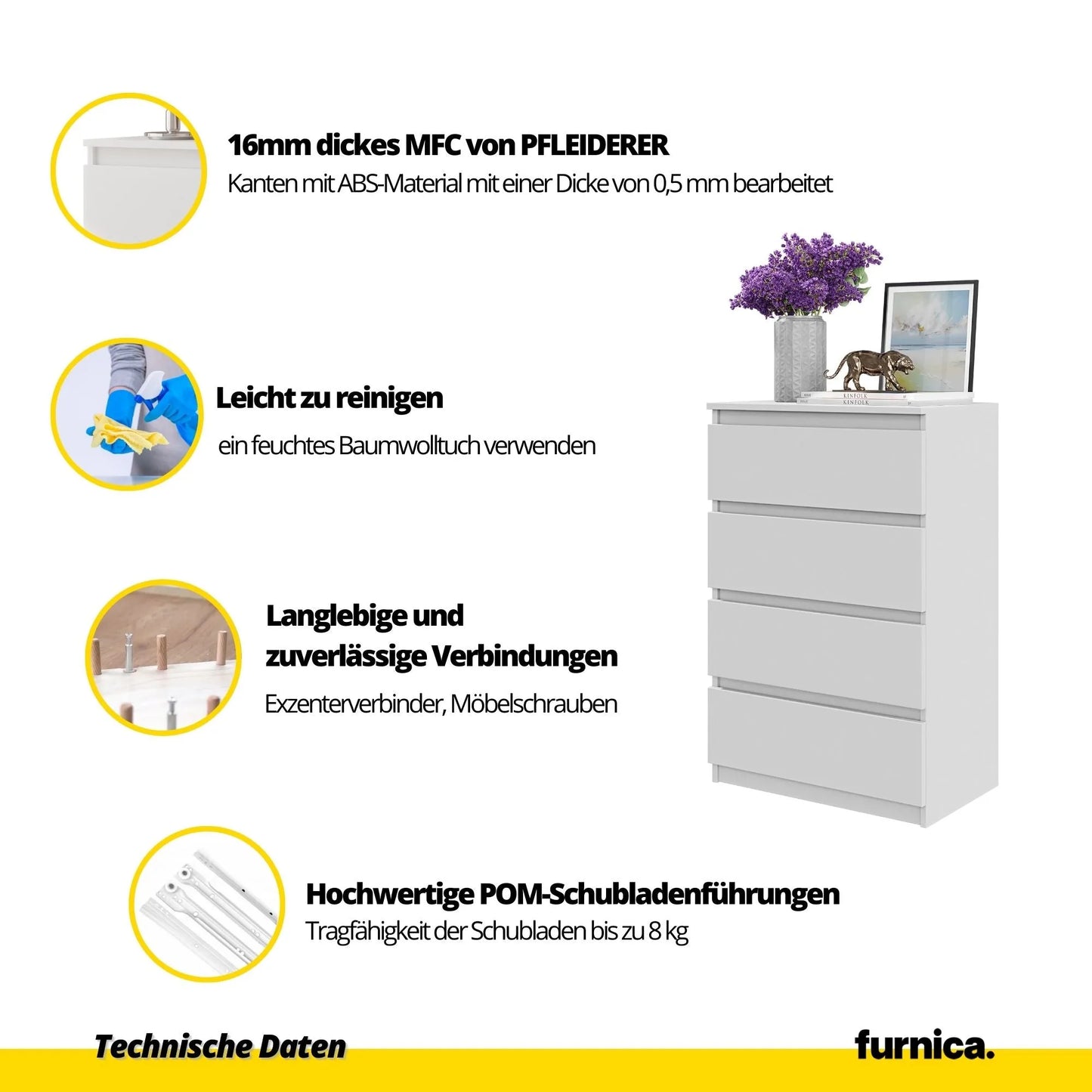GABRIEL - Kommode / Sideboard mit 4 Schubladen - Wotan Eiche H92cm B60cm T33cm – Furnica