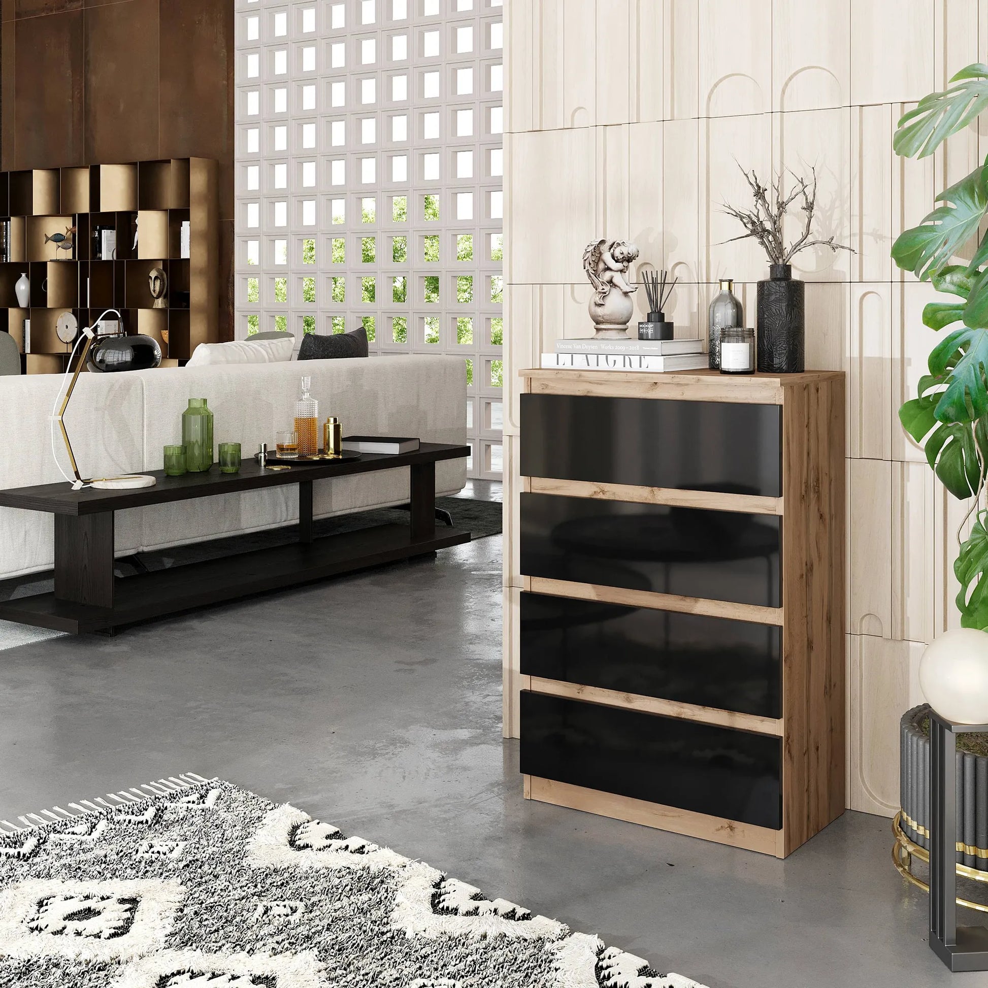 GABRIEL - Kommode / Sideboard mit 4 Schubladen - Wotan Eiche / Schwarz Gloss H92cm B60cm T33cm – Furnica