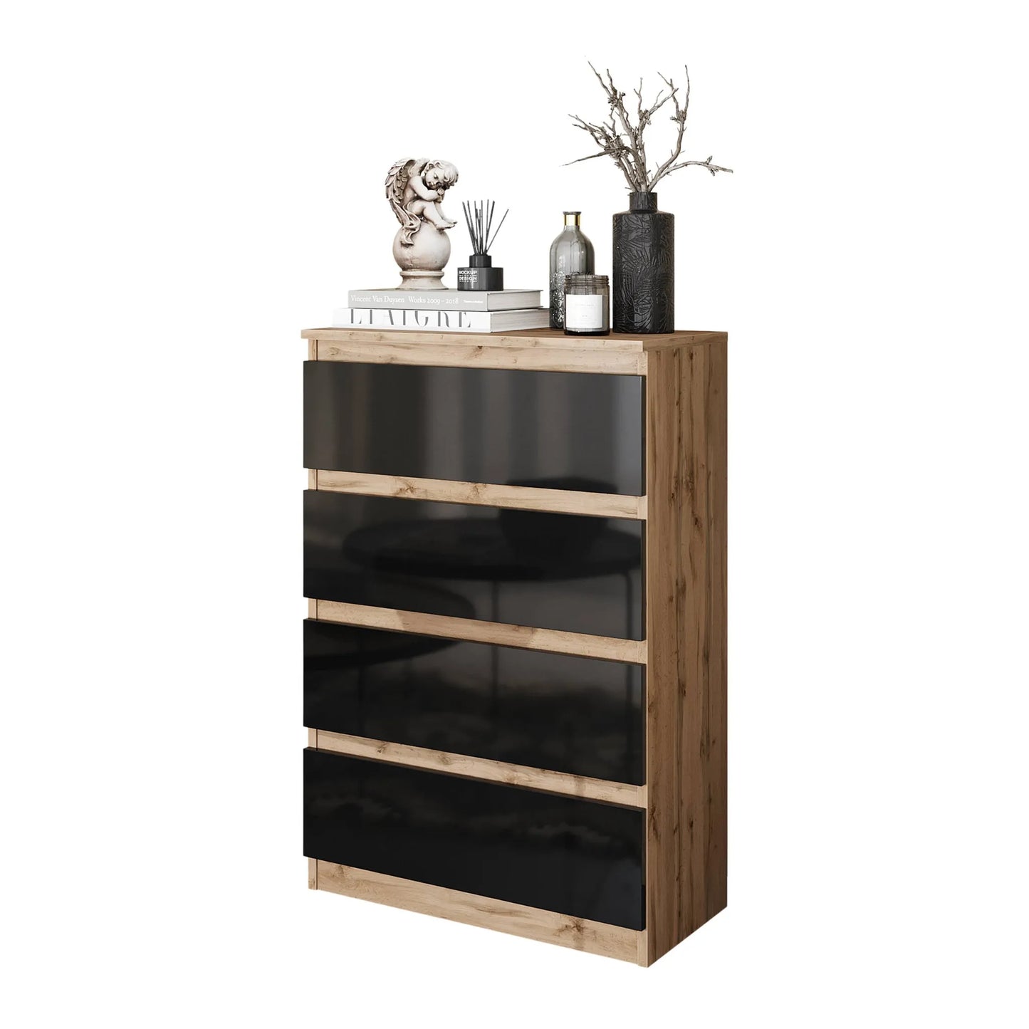 GABRIEL - Kommode / Sideboard mit 4 Schubladen - Wotan Eiche / Schwarz Gloss H92cm B60cm T33cm – Furnica
