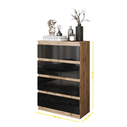 GABRIEL - Kommode / Sideboard mit 4 Schubladen - Wotan Eiche / Schwarz Gloss H92cm B60cm T33cm – Furnica