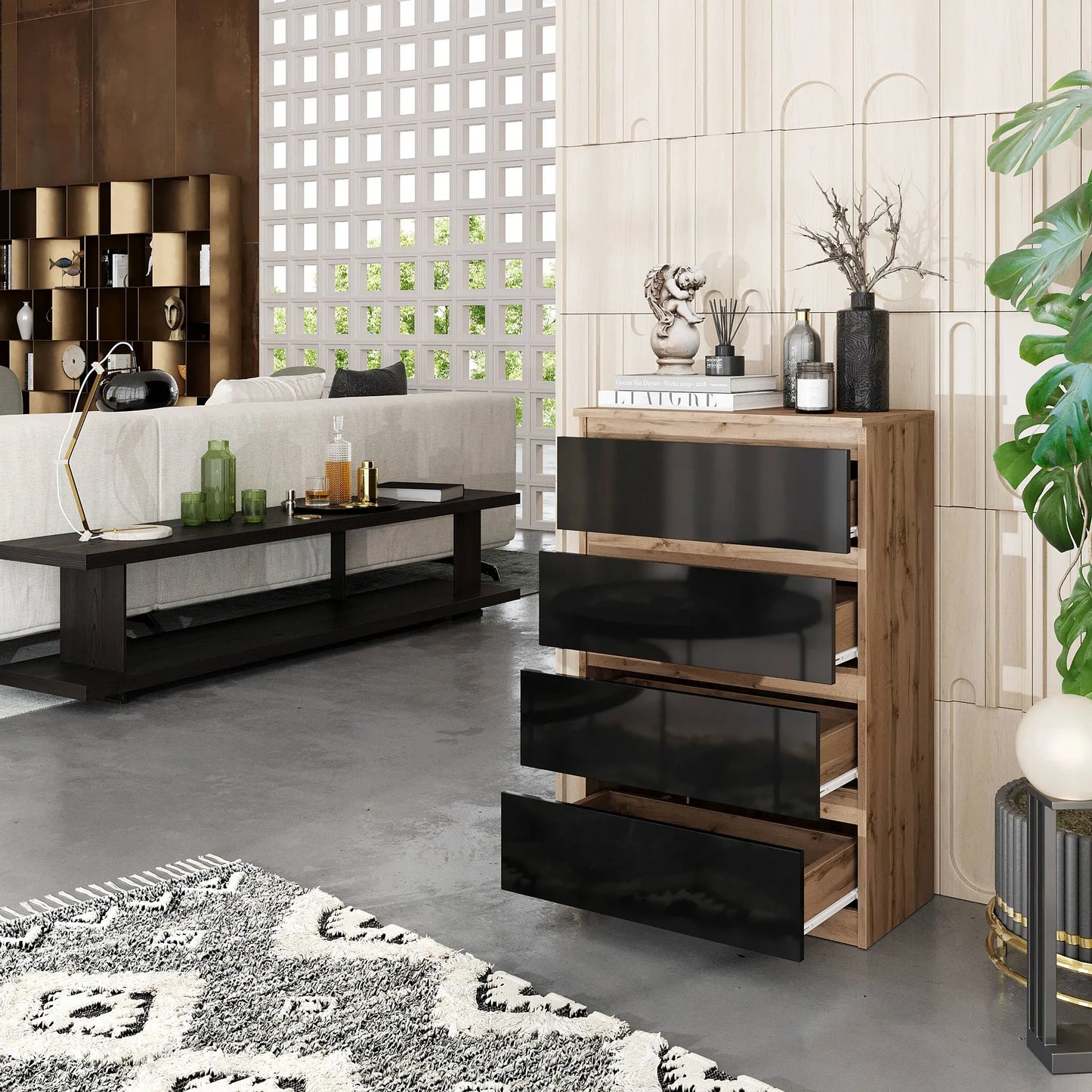 GABRIEL - Kommode / Sideboard mit 4 Schubladen - Wotan Eiche / Schwarz Gloss H92cm B60cm T33cm – Furnica