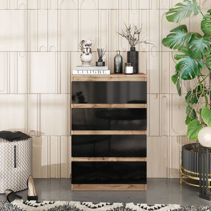 GABRIEL - Kommode / Sideboard mit 4 Schubladen - Wotan Eiche / Schwarz Gloss H92cm B60cm T33cm – Furnica