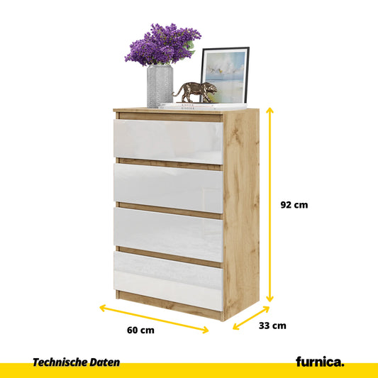 GABRIEL - Kommode / Sideboard mit 4 Schubladen - Wotan Eiche / Weiß Gloss H92cm B60cm T33cm – Furnica