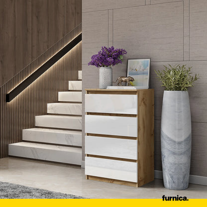 GABRIEL - Kommode / Sideboard mit 4 Schubladen - Wotan Eiche / Weiß Gloss H92cm B60cm T33cm – Furnica