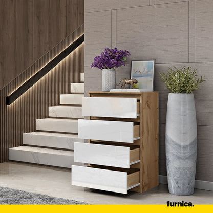 GABRIEL - Kommode / Sideboard mit 4 Schubladen - Wotan Eiche / Weiß Gloss H92cm B60cm T33cm – Furnica