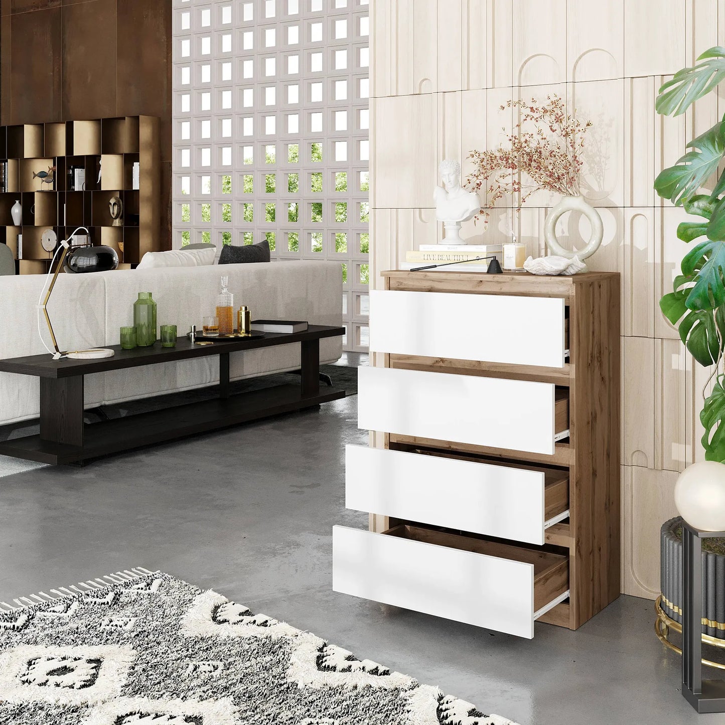 GABRIEL - Kommode / Sideboard mit 4 Schubladen - Wotan Eiche / Weiß Matt H92cm B60cm T33cm – Furnica