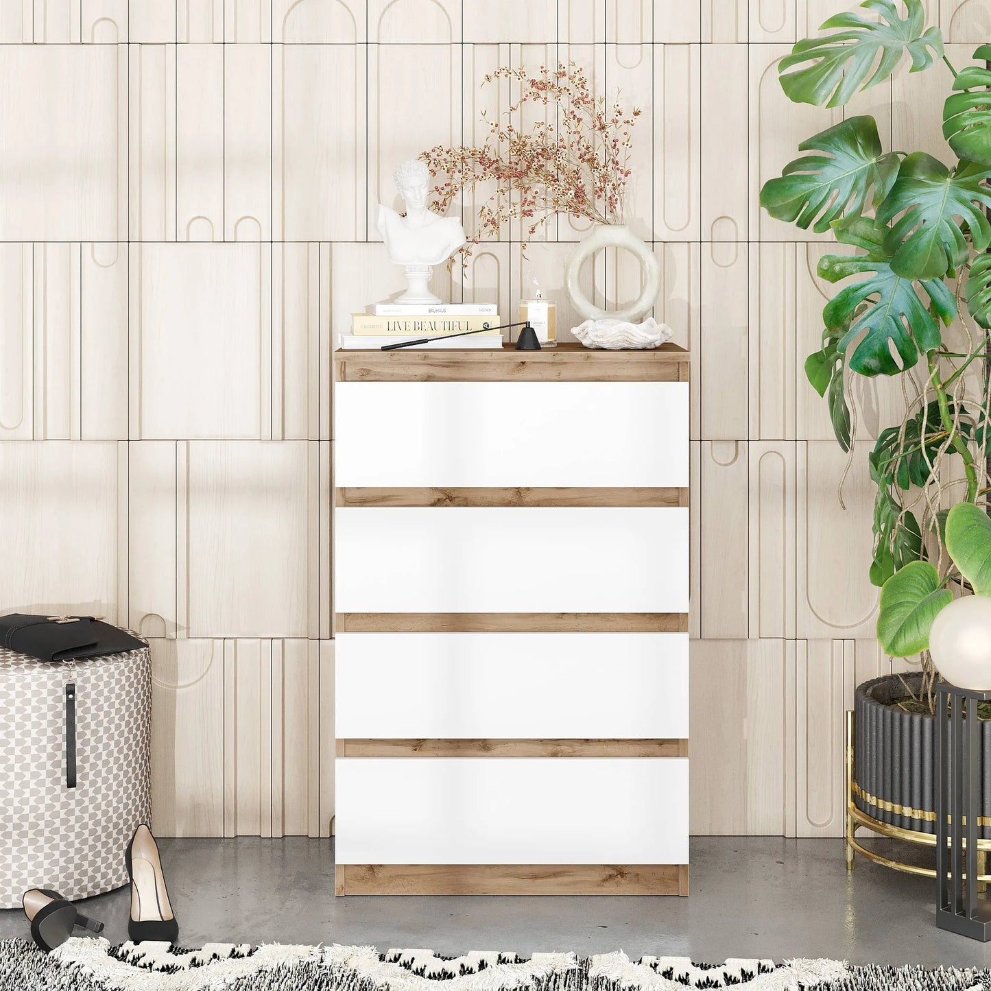 GABRIEL - Kommode / Sideboard mit 4 Schubladen - Wotan Eiche / Weiß Matt H92cm B60cm T33cm – Furnica
