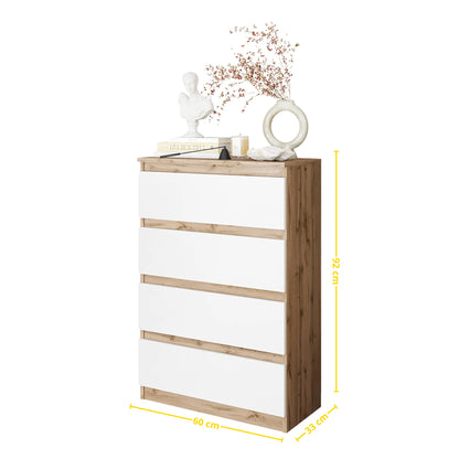 GABRIEL - Kommode / Sideboard mit 4 Schubladen - Wotan Eiche / Weiß Matt H92cm B60cm T33cm – Furnica