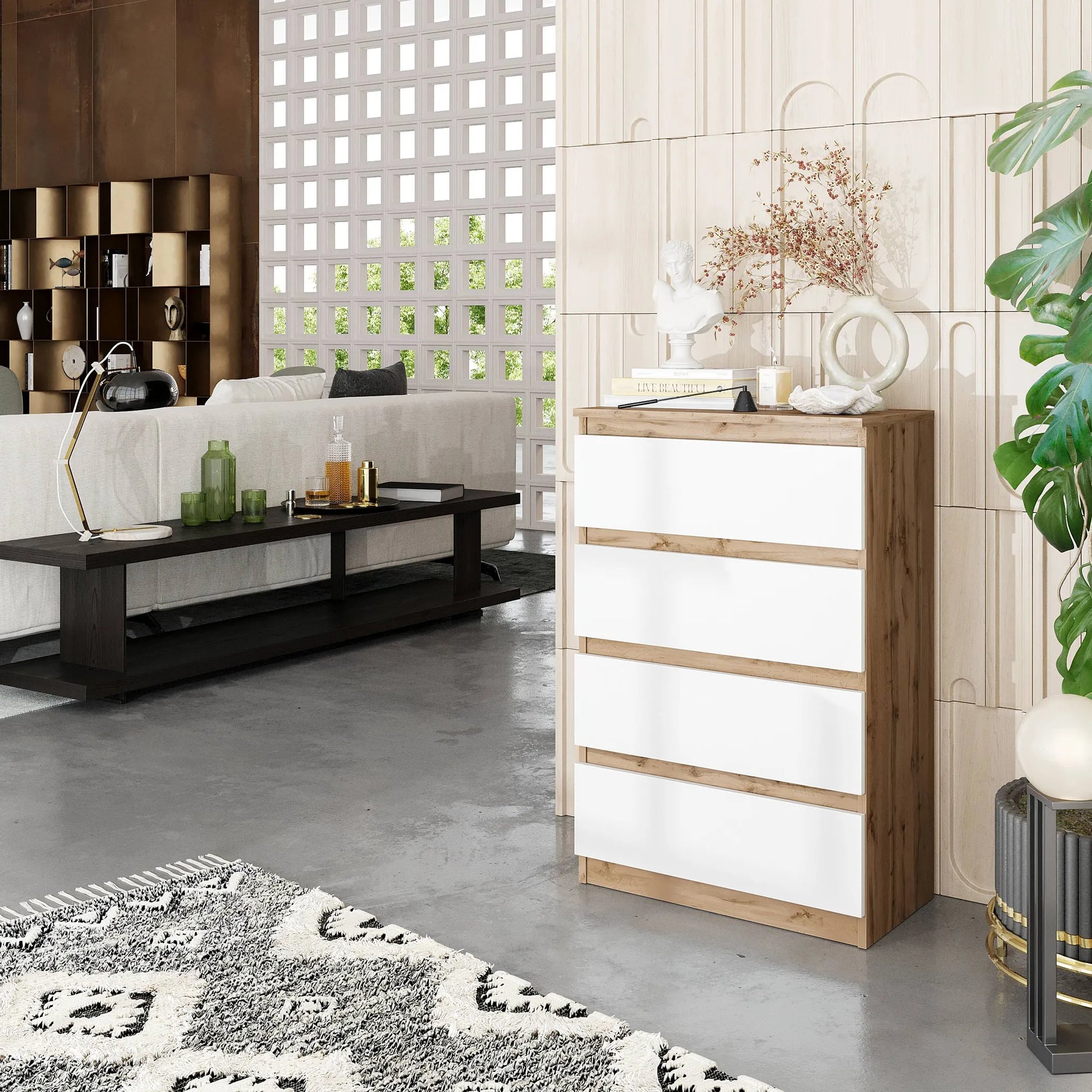 GABRIEL - Kommode / Sideboard mit 4 Schubladen - Wotan Eiche / Weiß Matt H92cm B60cm T33cm – Furnica