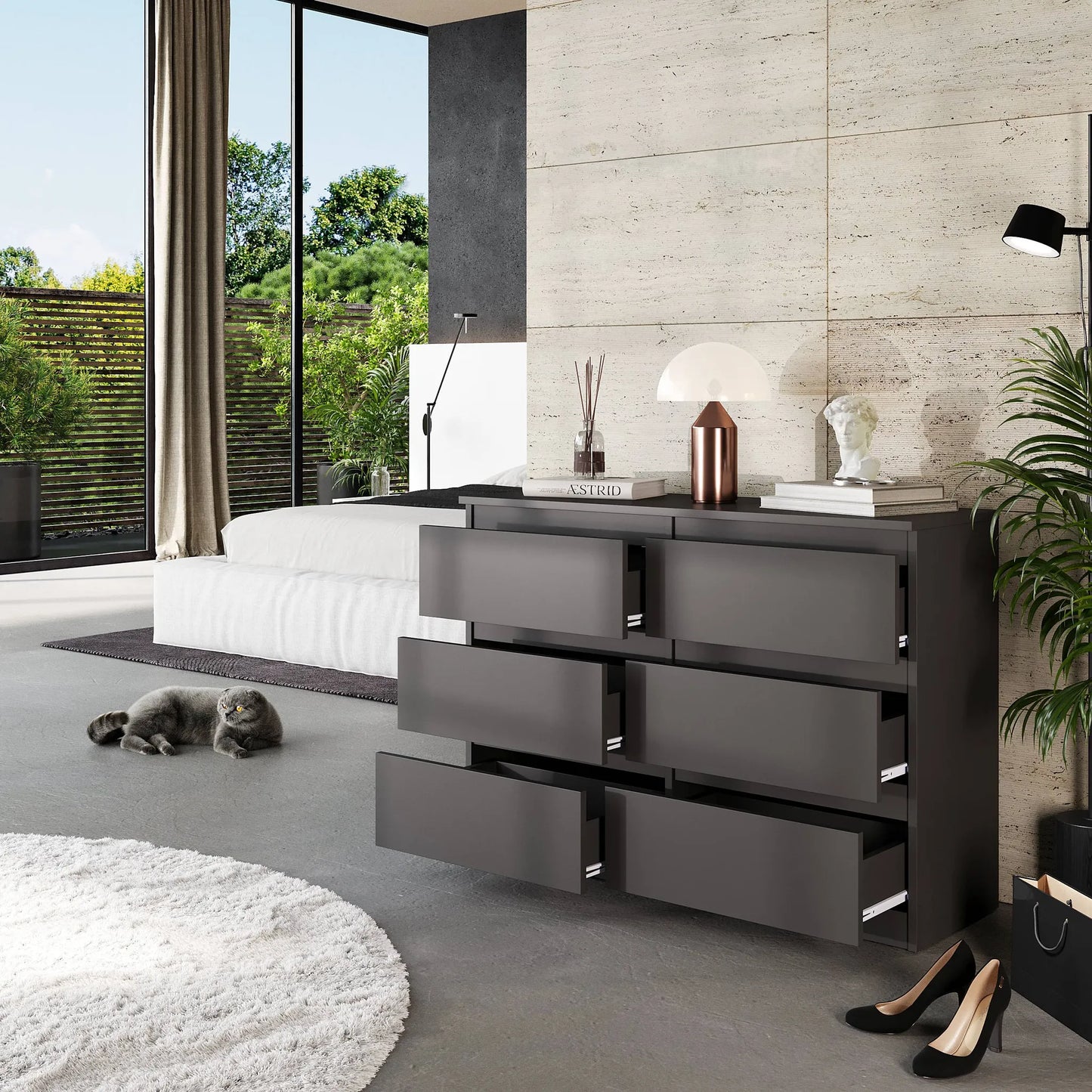 GABRIEL - Kommode / Sideboard mit 6 Schubladen - Anthrazit Grau H71cm B100cm T33cm – Furnica