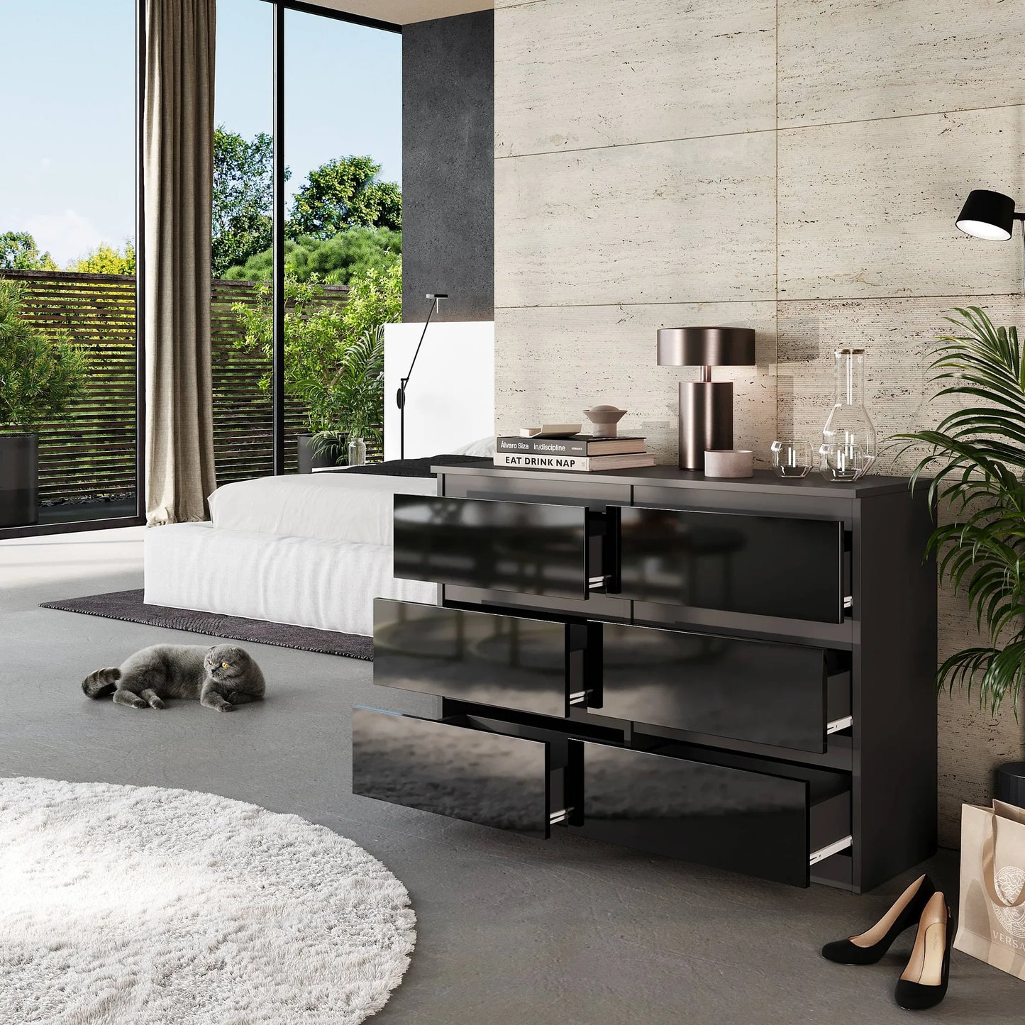 GABRIEL - Kommode / Sideboard mit 6 Schubladen - Anthrazit / Schwarz Gloss H71cm B100cm TD33cm – Furnica