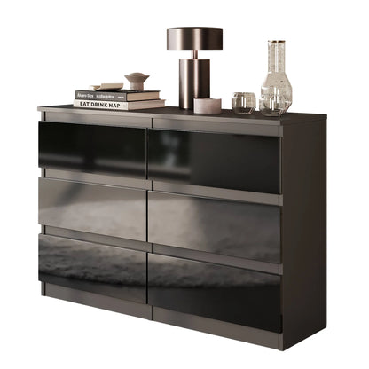 GABRIEL - Kommode / Sideboard mit 6 Schubladen - Anthrazit / Schwarz Gloss H71cm B100cm TD33cm – Furnica