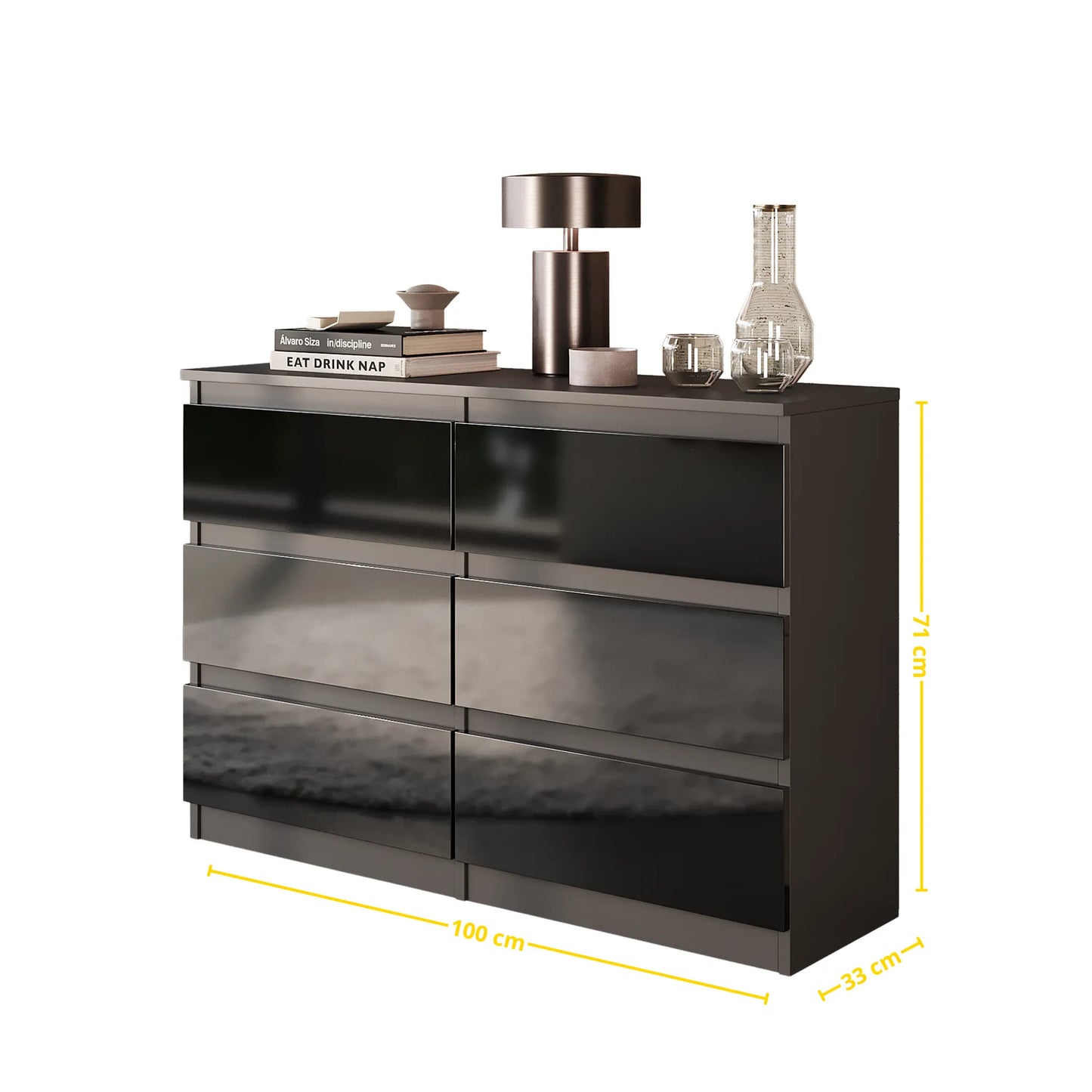 GABRIEL - Kommode / Sideboard mit 6 Schubladen - Anthrazit / Schwarz Gloss H71cm B100cm TD33cm – Furnica