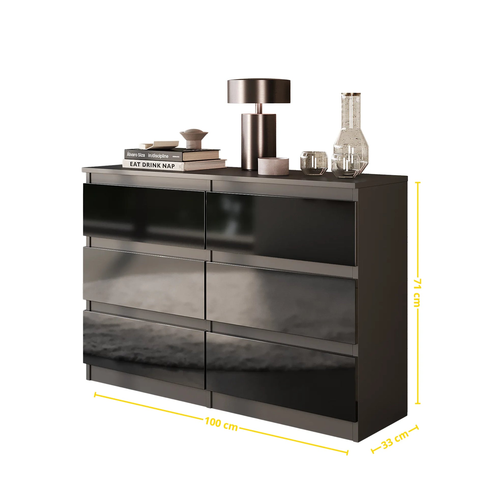 GABRIEL - Kommode / Sideboard mit 6 Schubladen - Anthrazit / Schwarz Gloss H71cm B100cm TD33cm – Furnica