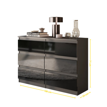 GABRIEL - Kommode / Sideboard mit 6 Schubladen - Anthrazit / Schwarz Gloss H71cm B100cm TD33cm – Furnica