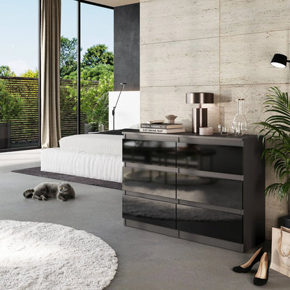 GABRIEL - Kommode / Sideboard mit 6 Schubladen - Anthrazit / Schwarz Gloss H71cm B100cm TD33cm – Furnica