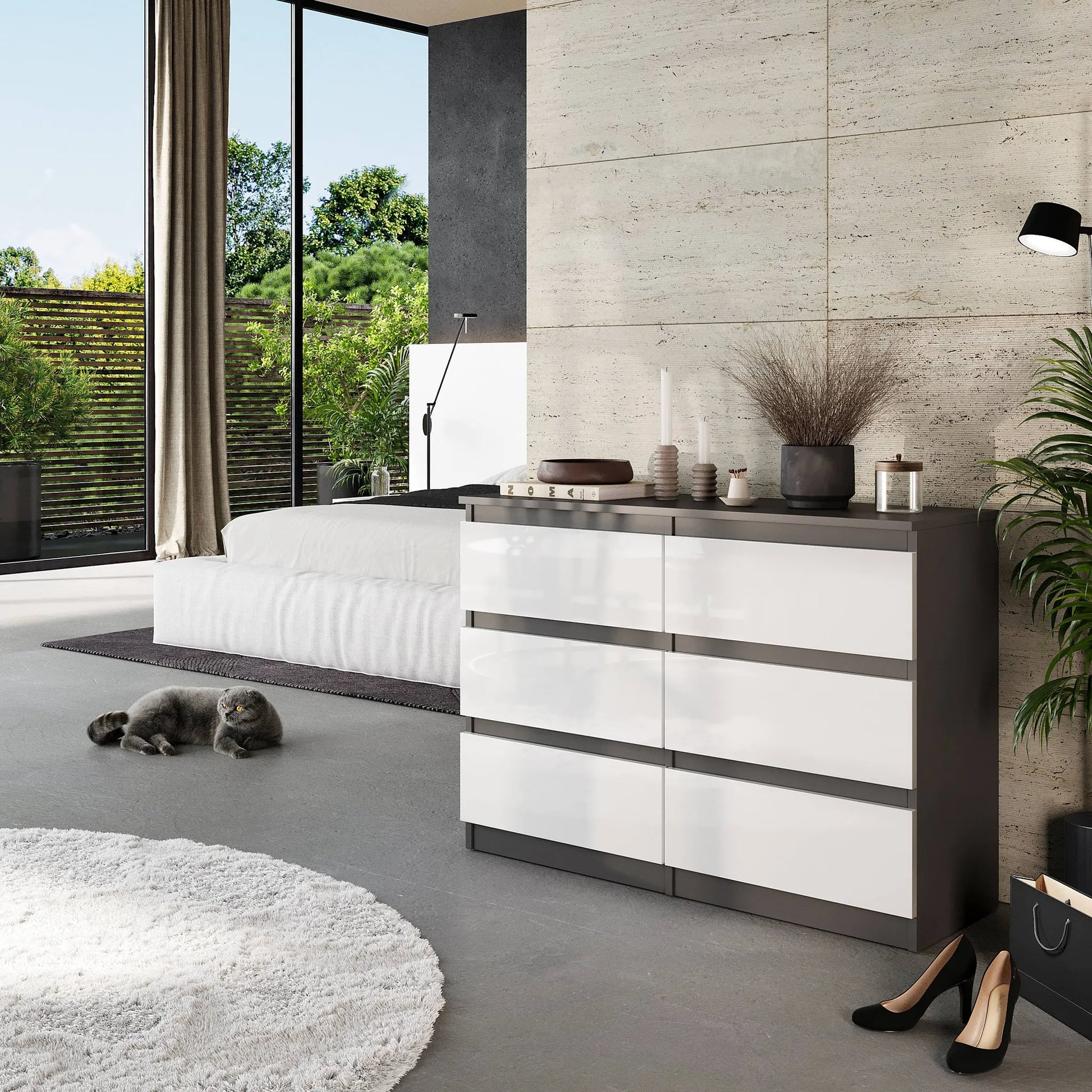 GABRIEL - Kommode / Sideboard mit 6 Schubladen - Anthrazit / Weiß Gloss H71cm B100cm TD33cm – Furnica