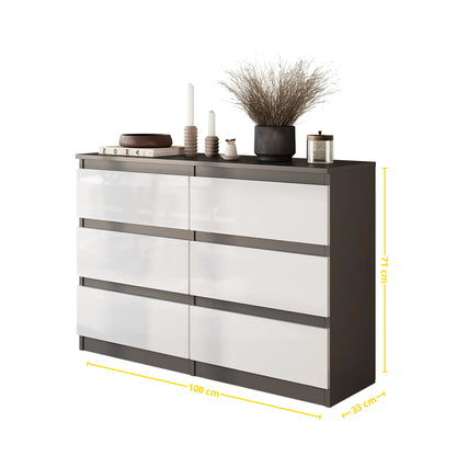GABRIEL - Kommode / Sideboard mit 6 Schubladen - Anthrazit / Weiß Gloss H71cm B100cm TD33cm – Furnica