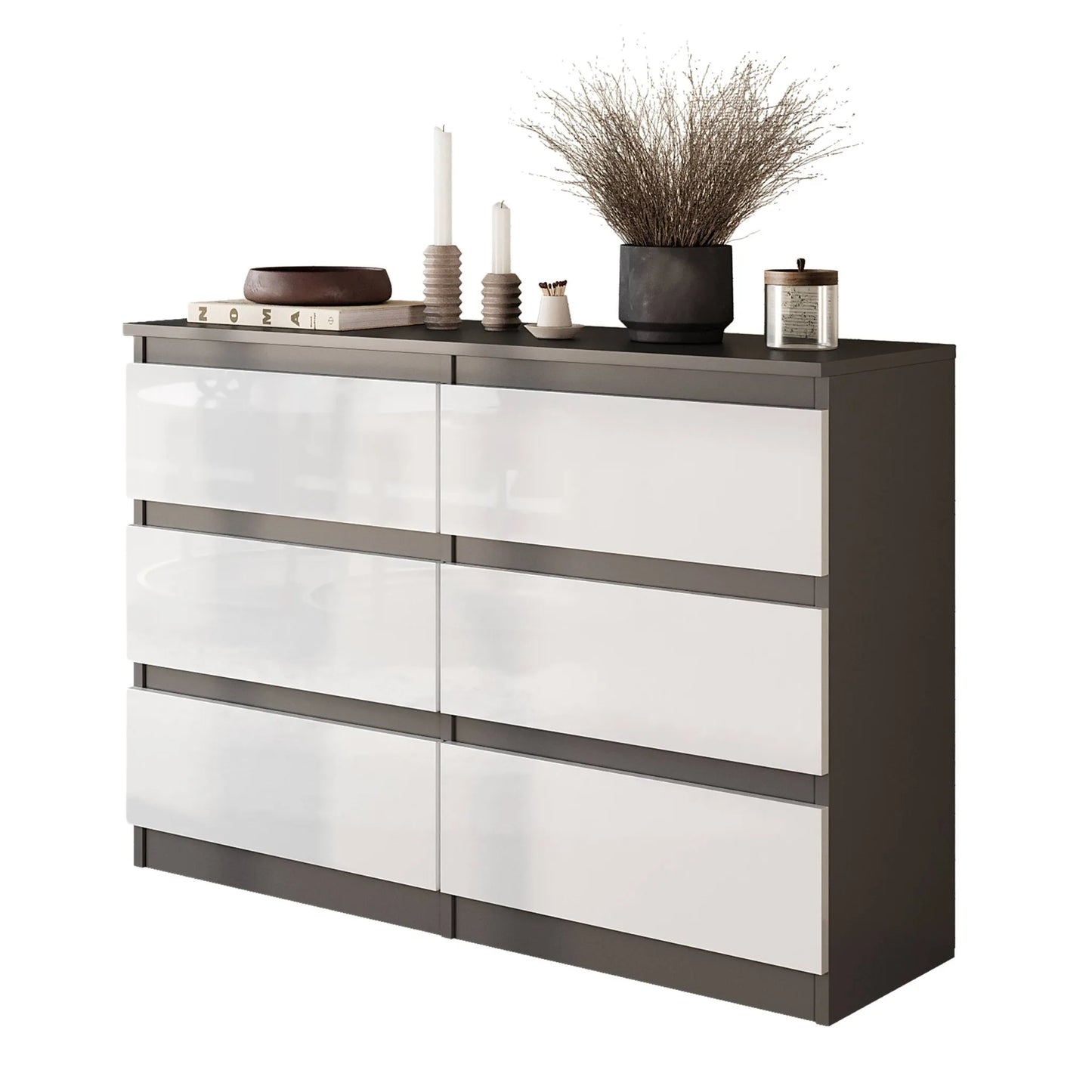 GABRIEL - Kommode / Sideboard mit 6 Schubladen - Anthrazit / Weiß Gloss H71cm B100cm TD33cm – Furnica