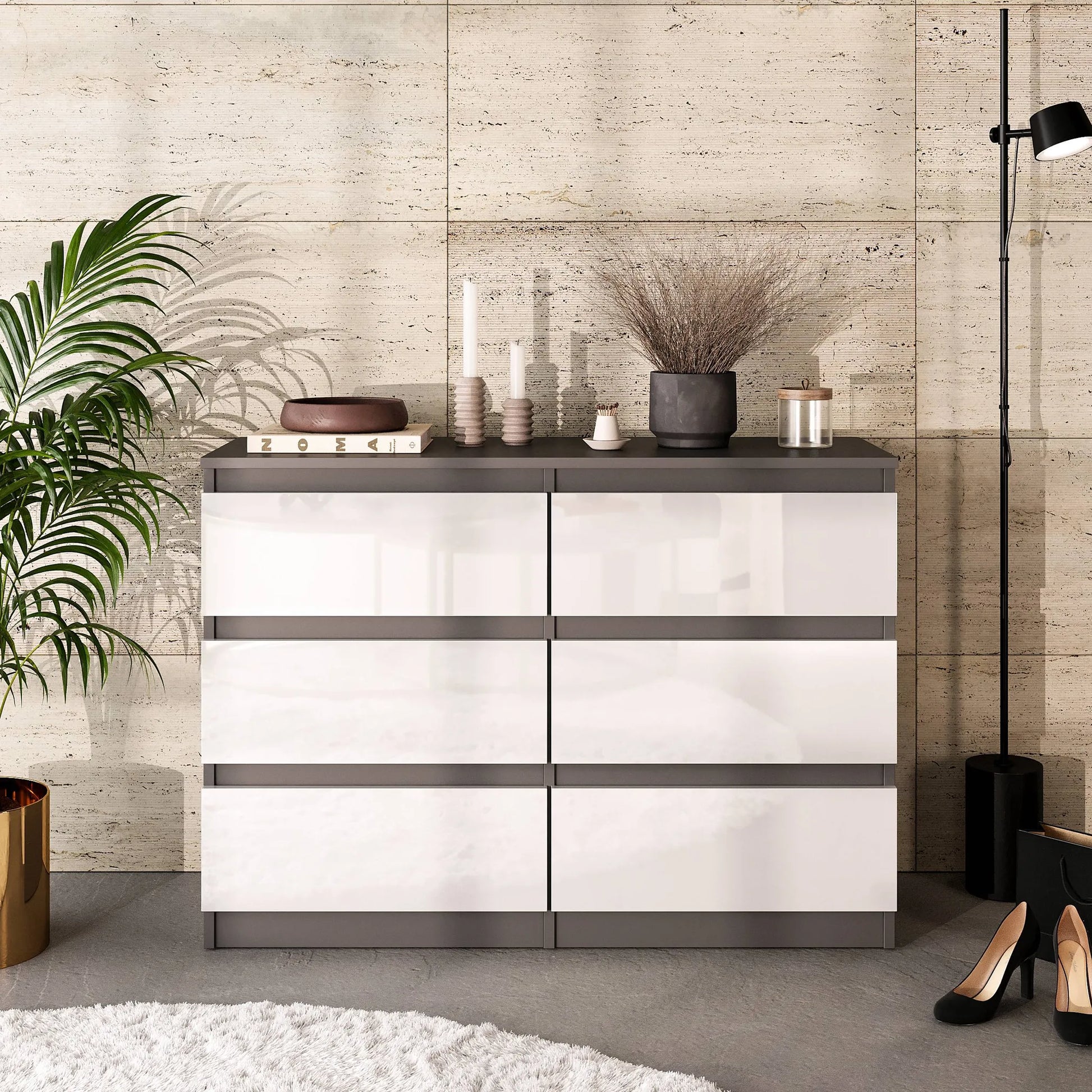 GABRIEL - Kommode / Sideboard mit 6 Schubladen - Anthrazit / Weiß Gloss H71cm B100cm TD33cm – Furnica