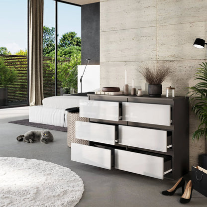 GABRIEL - Kommode / Sideboard mit 6 Schubladen - Anthrazit / Weiß Gloss H71cm B100cm TD33cm – Furnica