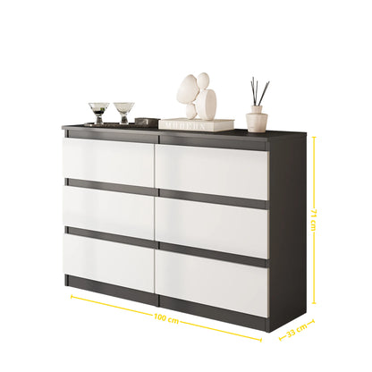 GABRIEL - Kommode / Sideboard mit 6 Schubladen - Anthrazit / Weiß Matt  H71cm B100cm TD33cm – Furnica