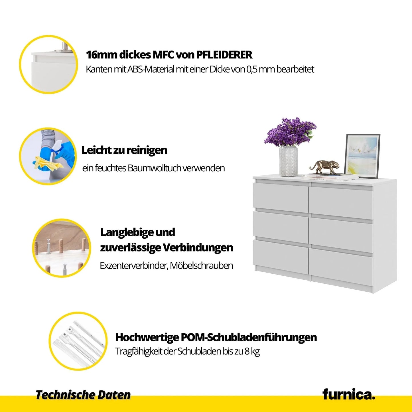 GABRIEL - Kommode / Sideboard mit 6 Schubladen - Anthrazit / Weiß Matt  H71cm B100cm TD33cm – Furnica