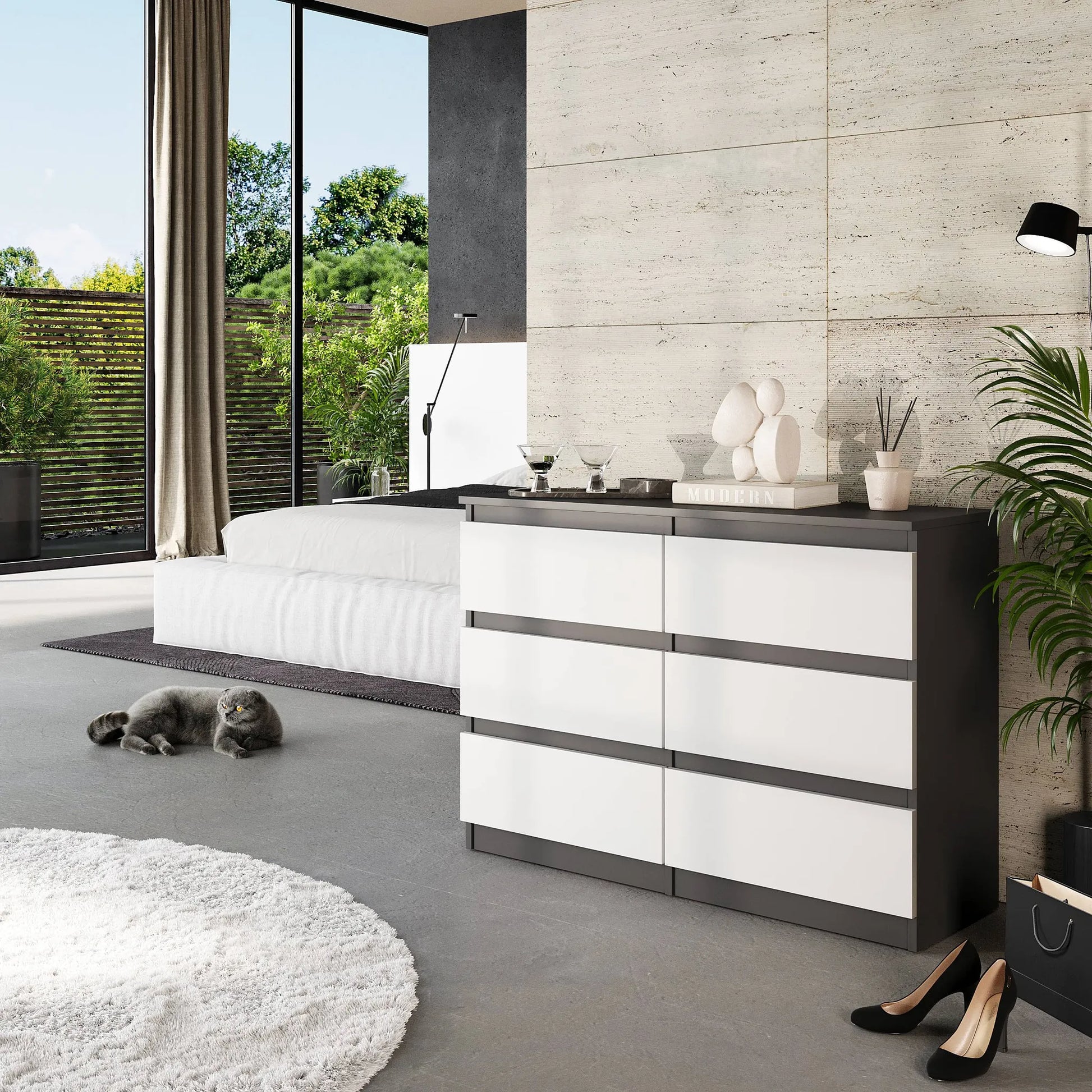 GABRIEL - Kommode / Sideboard mit 6 Schubladen - Anthrazit / Weiß Matt  H71cm B100cm TD33cm – Furnica