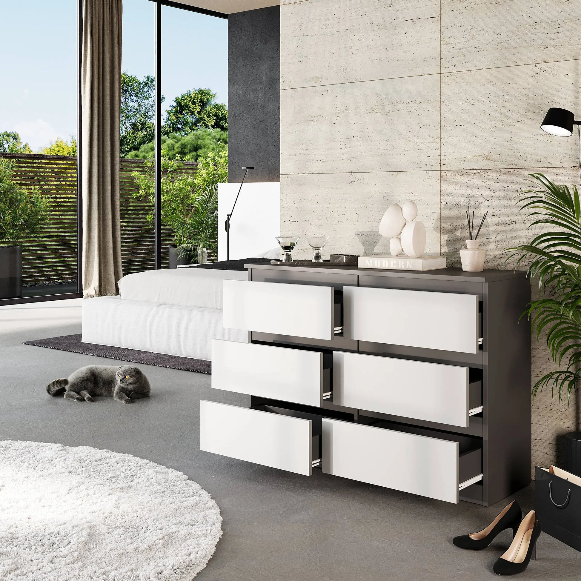 GABRIEL - Kommode / Sideboard mit 6 Schubladen - Anthrazit / Weiß Matt  H71cm B100cm TD33cm – Furnica