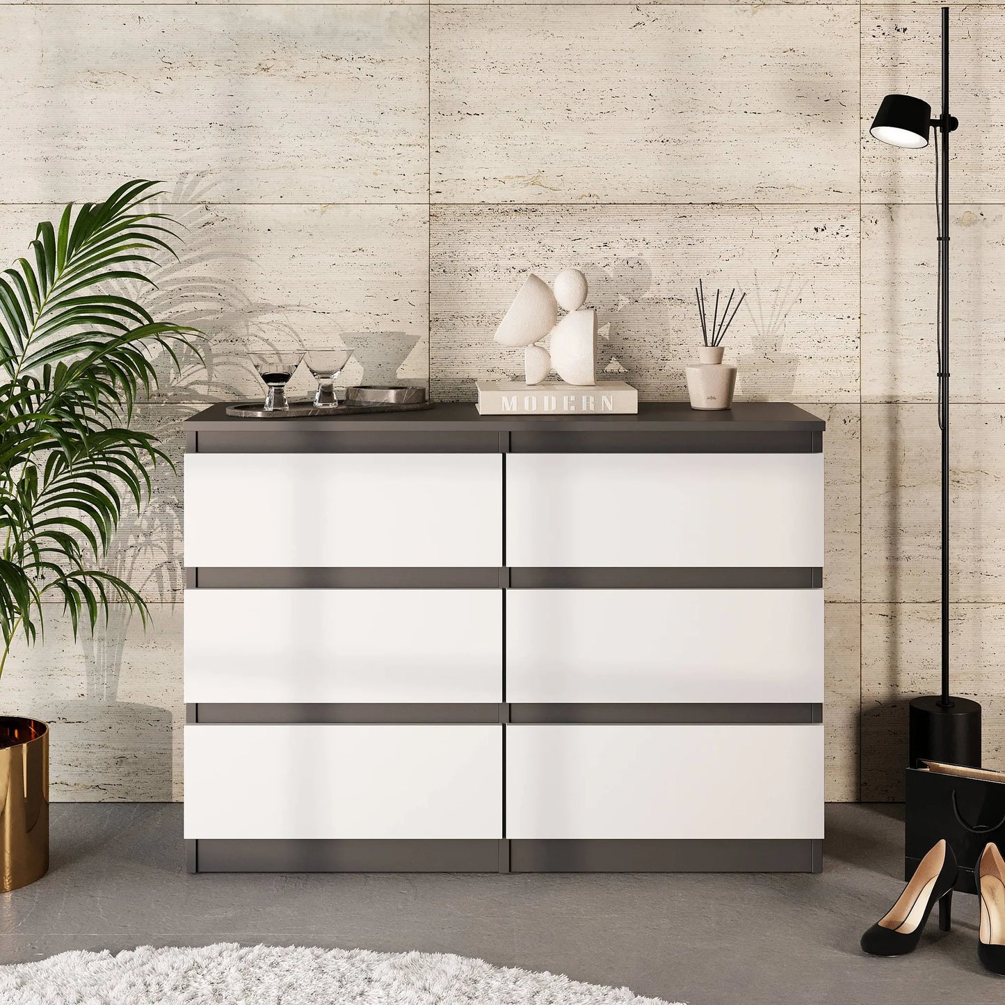 GABRIEL - Kommode / Sideboard mit 6 Schubladen - Anthrazit / Weiß Matt  H71cm B100cm TD33cm – Furnica