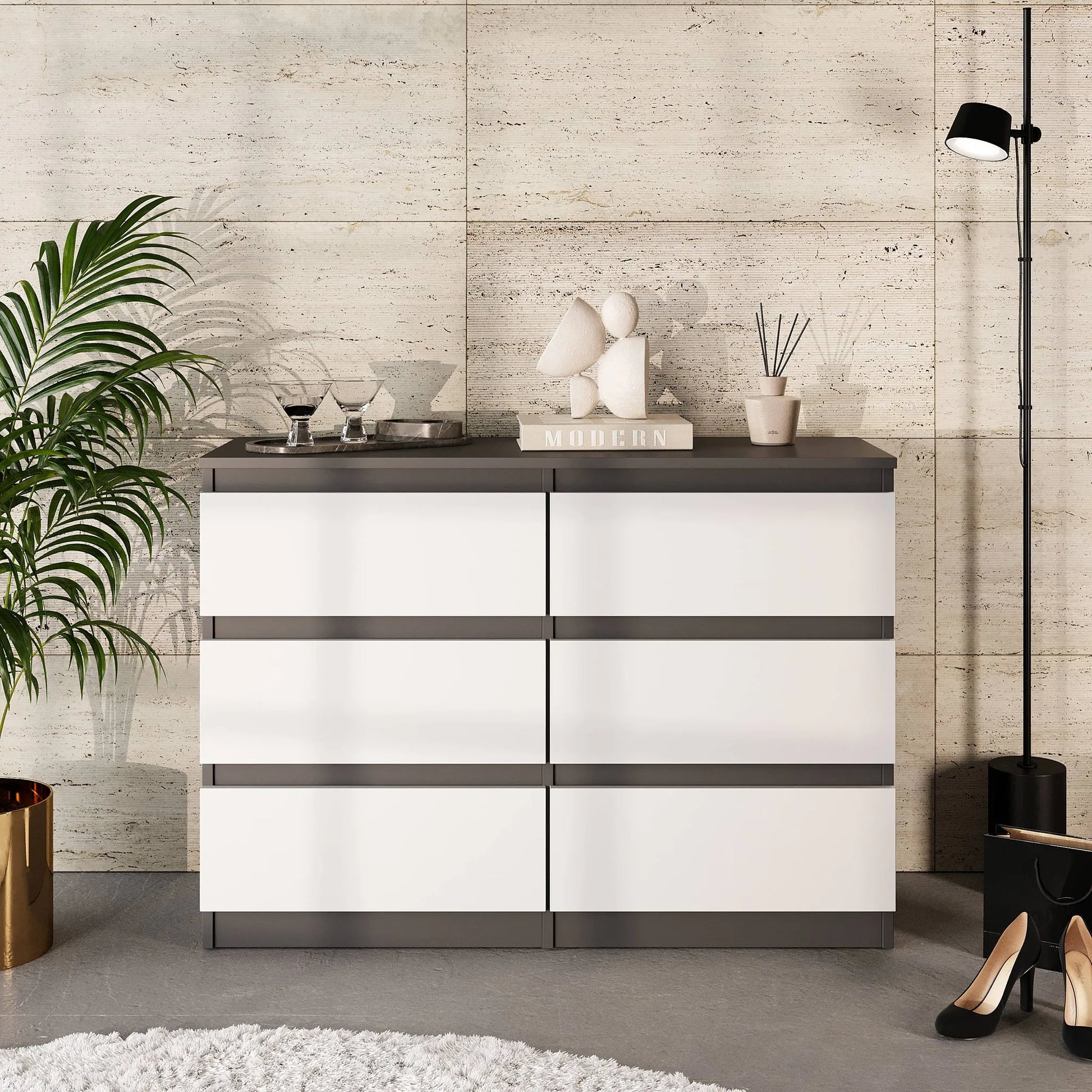 GABRIEL - Kommode / Sideboard mit 6 Schubladen - Anthrazit / Weiß Matt  H71cm B100cm TD33cm – Furnica