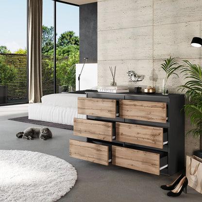 GABRIEL - Kommode / Sideboard mit 6 Schubladen - Anthrazit / Wotan Eiche H71cm B100cm T33cm – Furnica
