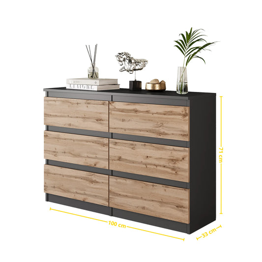 GABRIEL - Kommode / Sideboard mit 6 Schubladen - Anthrazit / Wotan Eiche H71cm B100cm T33cm – Furnica