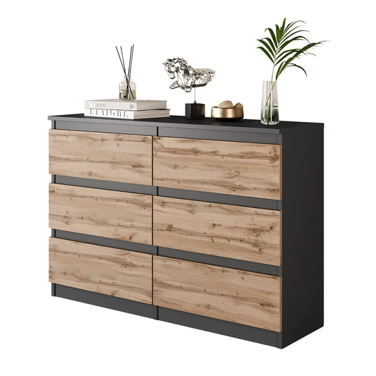 GABRIEL - Kommode / Sideboard mit 6 Schubladen - Anthrazit / Wotan Eiche H71cm B100cm T33cm Furnica – zdjęcie 1